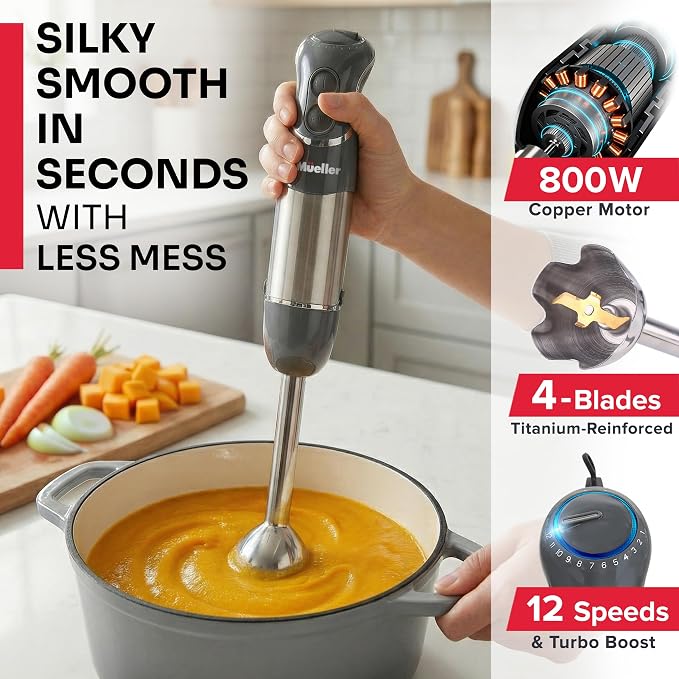 Mueller Multistick 5-in-1 Immersion Blender Handheld, 12-Speed Hand Mixer | Turbo Boost,Heaviest Duty Copper Motor,Titanium reinforced Blades Hand Blender,Milk Frother Wand,Whisk,Beaker,Chopper,Grey