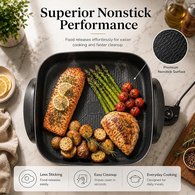 Moss & Stone Square Electric Skillet with Lid, 12-Inch Nonstick Frying Pan | 5 Qt Electric Frying Pan with Adjustable Temperature Control, Vented Glass Lid, Heat-Resistant Handles & Dishwasher Safe