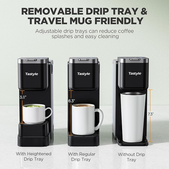 Tastyle Single Serve Coffee Maker with Built-in Detachable Milk Frother | For K Cups & Grounds, 40oz Removable Water Tank, 6 Brew Sizes, 2 Drip Trays, BPA Free, Fits 7.3" Travel Mug, K330MF, Black