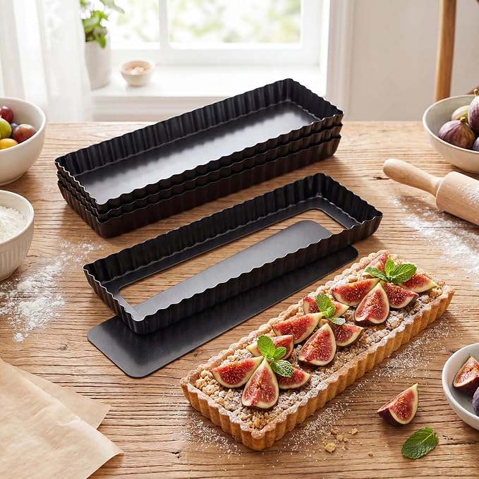 4 Pack Rectangular Tart Pans 14 Inch with Removable Bottom, Nonstick | Easy Demolding Quiche Pie Pan, Tart Pans for Bakeware Cheese Cakes Dessert, Housewife Kitchen Baking Utensils, Christmas Gift
