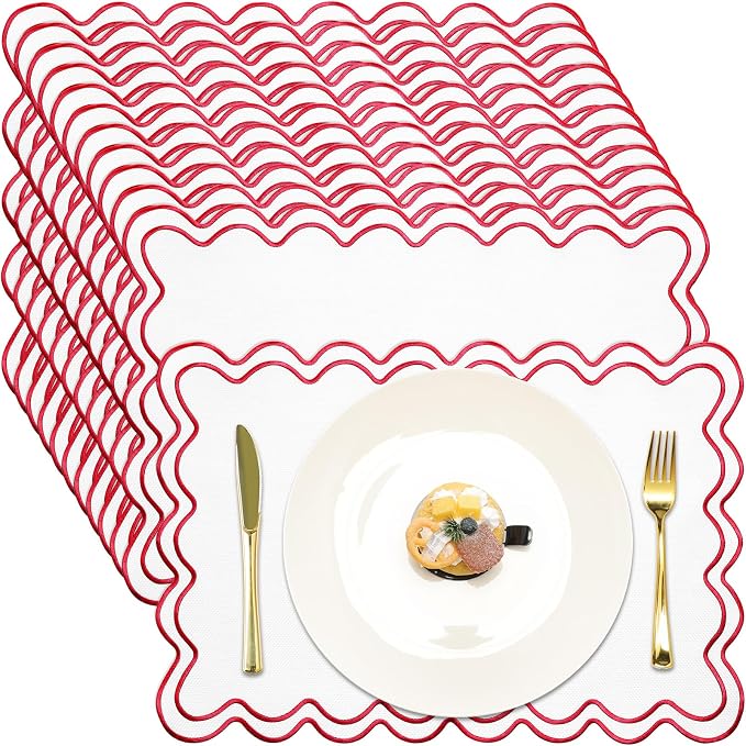Linen Placemats Set of 12 Scalloped Placemat 13 X19 Wavy Embroidery Double Layered Washable Farmhouse Dinner Fabric Table Mat Napkin for Wedding Party Restaurant(Regular,White&red)