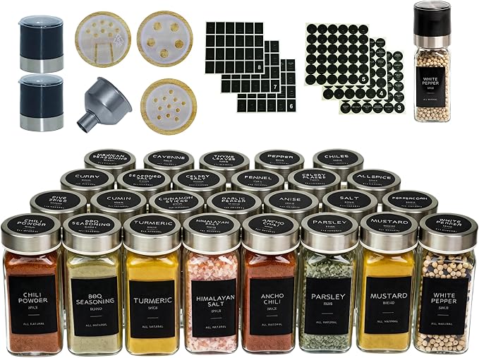 Glass Spice Jars with Labels, Seasoning Jars; 26 Pcs Stainless Steel Lids/Airtight Lids Keep Spice Fresh; Pepper Grinder Lid, 360 Labels, Funnel and Brush, Shaker Inserts; 4 oz Jar Set
