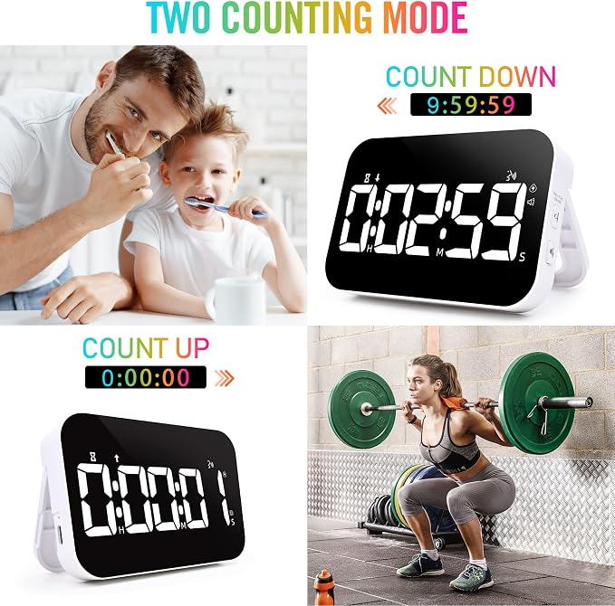 Kitchen Timer for Cooking, Rechargeable Digital Magnetic Timer with Large LED Display, Loud Alarm, Sound Countdown, 4 Volume Levels and 3 Brightness for Classroom, Study (White)