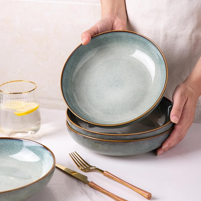 AmorArc 8.5’’ Ceramic Pasta Bowls Set of 6, 36oz Large Stoneware Bowls Set | Large Dinner Serving Bowls Set, Wide Bowl Plate for Pasta,Salad, Soup, Microwave Safe, Reactive Glaze-Ocean Blue