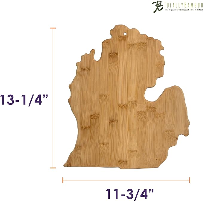 Totally Bamboo Michigan State Shaped Bamboo Serving & Cutting Board | State charcuterie board with natural bamboo grain. Knife-friendly surface for food prep. Hang tie for wall display.