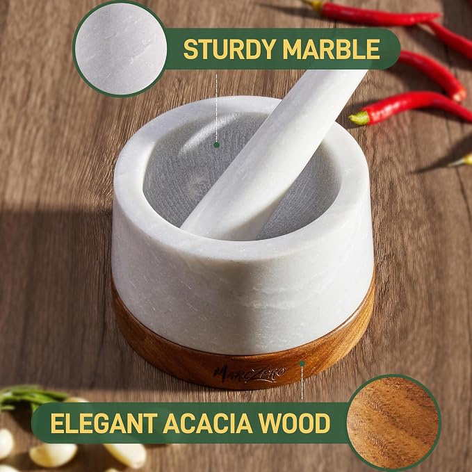MarcZero 6inch Large Mortar and Pestle Set with Anti-Scratch Wooden Base | Heavy Duty Mortar and Pestle Made of Natural Marble(White)
