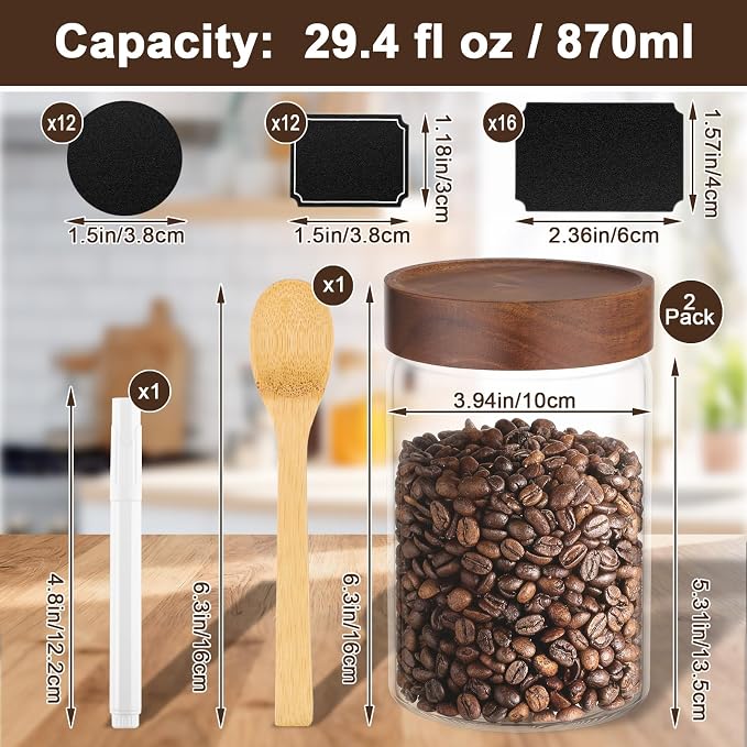 Glass Jars with Airtight Lids, 2 Pack 29oz Glass Mason Jars with Wood Lids, Wooden Screw-on Top Coffee and Sugar Containers for Pantry Storage, Tea, Cereal, Oats, Flour, Cookie, Candy