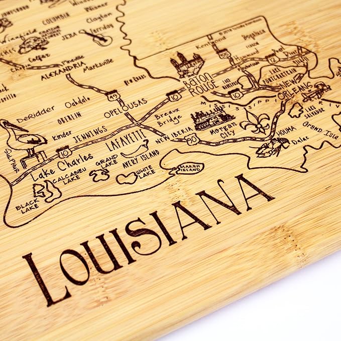 Totally Bamboo A Slice of Life Louisiana Engraved Map Cutting Board | 11” x 8.75” charcuterie board with engraved state map artwork. Smooth reverse side for food prep. Hang tie for wall display.