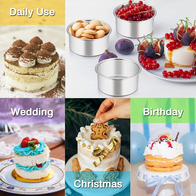 TeamFar 4 Inch Cake Pan, Stainless Steel Mini Cake Pan Round Baking Tins | Set of 3, Small Tier Cake Baking Pans Tins For Baking Steaming Serving, Healthy & Sturdy, Easy Clean & Dishwasher Safe