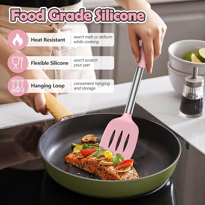 LIANYU Silicone Kitchen Utensils, 6 Pcs Cooking Utensils Spatula Set, Pink | Slotted Turner, Spoon, Soup Ladle, Pasta Server, Skimmer, Tongs for Nonstick Cookware, Heat Resistant, Stainless Steel Handle