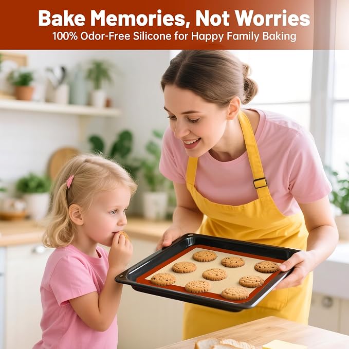 Silicone Baking Mat Set of 5, Grade Food Non-Stick Reusable Baking Mat, Slip Oven Liner Sheet, Round & Square Cake Pan Mat & Silicone Brush for Macaron, Pastry, Cookie