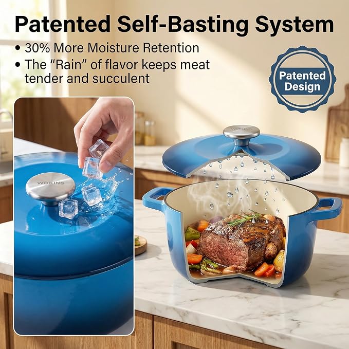 5.5QT Enameled Cast Iron Dutch Oven,Concave Self-Basting Lid,Blue | Versatile,heavy-duty Large Dutch oven,PFAS-free,oven safe to 500°F,sourdough,braising/stews/roasting,Housewarming Gift