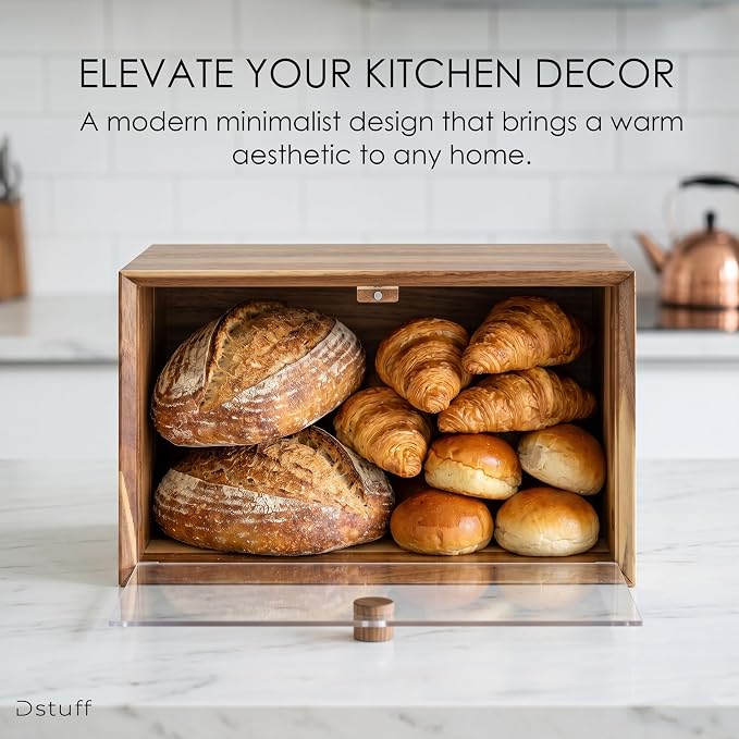 Dstuff Large Acacia Wood Bread Box for Kitchen Countertop - Minimalist Wooden Breadbox with Frameless Acrylic Window & Hidden Hinges - Farmhouse Storage Cabinet Organizer, Bread Box, Wood Box