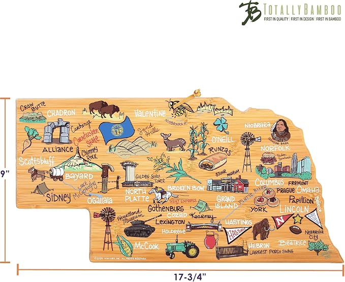 Totally Bamboo Nebraska State Shaped Cutting Board, Art by Fish Kiss | State charcuterie board with colorful hand-drawn map artwork. Smooth reverse side for food prep. Hang tie for wall display.