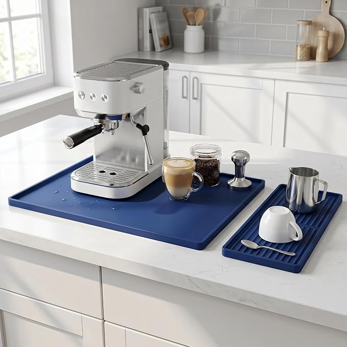Silicone Coffee Mat 24 x 16 in with Tray, Deep Sea Blue | Coffee bar mat for countertop use, coffee station mat or coffee machine mat with removable tray and 0.47 in raised rim.