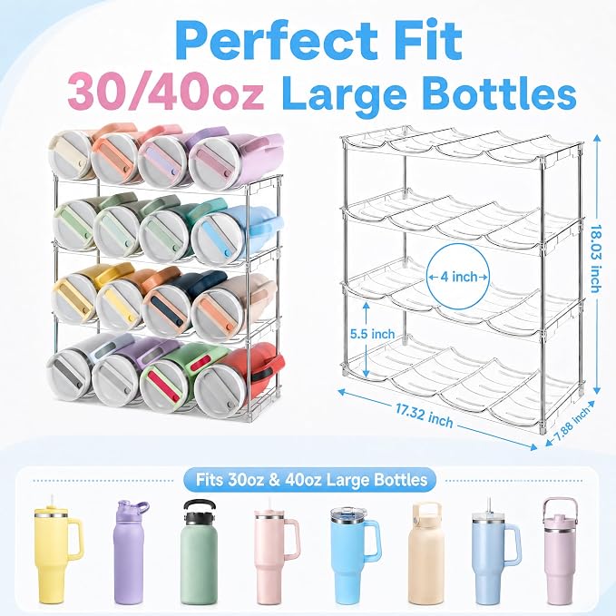 Stackable Water Bottle Organizer for Cabinet for Stanley 40 oz Tumbler | Large Compartment Tumbler Organizer, Stanley Cup Organizer Holder, Kitchen Countertop Organization & Storage, 4 Pack