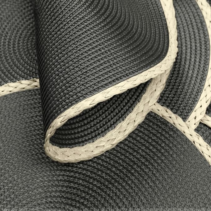 Round Placemats Set of 6, Woven Table Mats, Thin Edge, Charcoal Grey | Braided Paper Edge, 15 Inch Diameter, Fits Dinner Plate and Flatware, Wipeable, Heat Resistant, Indoor Dining, Outdoor Patio