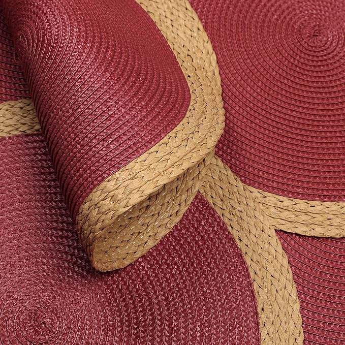 Round Placemats Set of 4, Woven Table Mats, Wide Edge, Berry Red | Braided Paper Edge, 15 Inch Diameter, Fits Dinner Plate and Flatware, Wipeable, Heat Resistant, Indoor Dining, Outdoor Patio