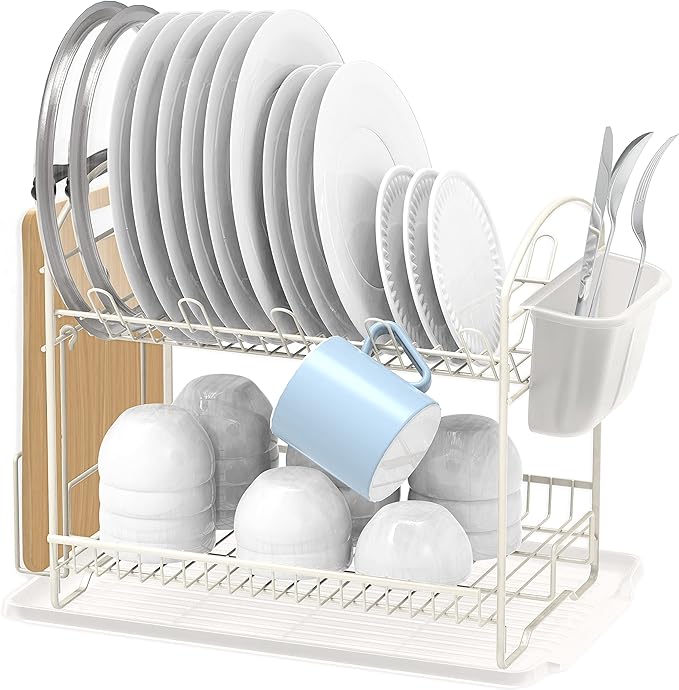 Simple Houseware 2-Tier Dish Rack with Drainboard, White