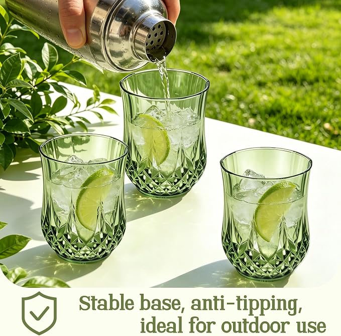 12 Pack 12 Oz Plastic Stemless Wine Glasses, Sage Green | Unbreakable, Reusable, Elegant Vintage Design, Fancy Cocktail Cups, Whiskey, Champagne, Wedding, Party, Bars, Holiday Events