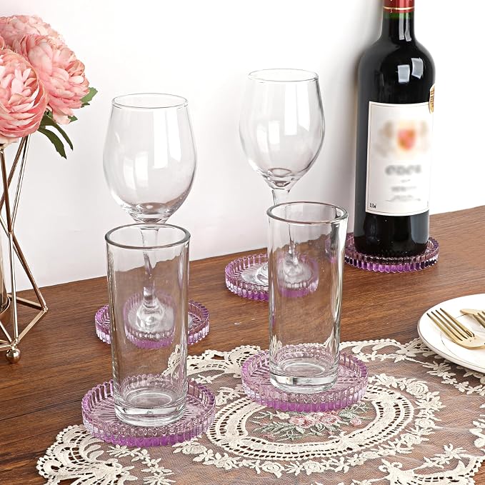 Modern Clear Coaster Set of 5- Glass Coasters for Drinks, Clear Purple | Crystal Coasters Round Cup Mat Coffee Table Decor for Office, Kitchen, Bar, Dining Room, Living Room, Patio