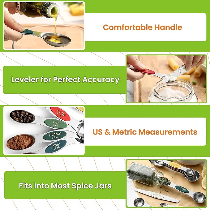 Spring Chef Stainless Steel Magnetic Measuring Spoons Set of 8, Very Merry | Dual Sided Metal Teaspoon & Tablespoon Measuring Spoons with Leveler for Dry & Liquid Ingredients, Fits in Kitchen Spice Jars