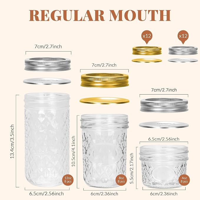 CycleMore 24 Pack Mixed Size Glass Mason Jars, Canning Jars With Split Lids | AirTight, BPA Free, 4 OZ x 8, 8 OZ x 8, 12 OZ x 8 (4oz -8oz-12oz), Ideal for Jam, Honey, Wedding Favors, Spice Jars & DIY