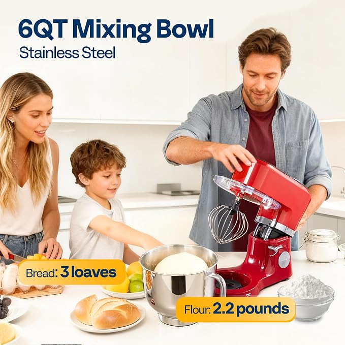 VIVOHOME Stand Mixer with Dough Proofing, 6-Quart Tilt-Head Mixer, Red | One-Touch Programs, Adjustable Temperature & Time, Flex Edge Beater, Dough Hook, Whisk, Stainless Steel Bowl, Splash Guard