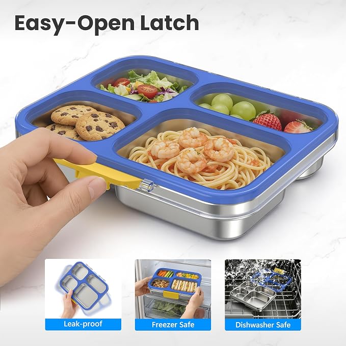 HOMEKOL Stainless Steel Bento Lunch Box, 4 Cups, Blue | 4-Compartment Leak-Proof Metal Lunch Container for Kids & Adults, BPA/BPS-Free, Dishwasher Safe, Clear Lid, (Not Insulated)