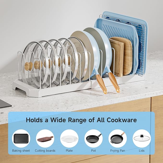 MUDEELA Pots and Pans Organizer under Cabinet, Pan Pot Organizer Inside Cabinet, Expandable 12.9''-21.88'' Pot Lid Organizer Holder with 12 Adjustable Dividers for Cutting Boards, Pan Lid Rack, White