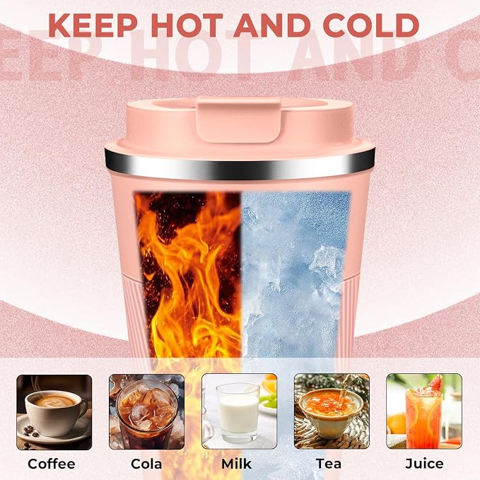 Insulated Coffee Tumbler 12 oz, Stainless Steel Coffee Mug with Lids, Travel Coffee Mug Leak Proof, Double Wall Vacuum Insulated Reusable Coffee Cup, Keep Drinks Hot and Cold (Peach Pink, 12 Ounces)