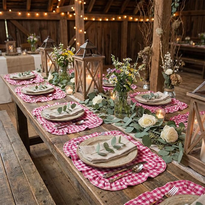 Set of 6 Pink Checkered Placemats Ruffled Rectangle Gingham Table Placemat Fabric Vintage Farmhouse Retro Pastel Aesthetic Chic Mat for Birthday Garden Picnic Baby Shower Bridal Shower