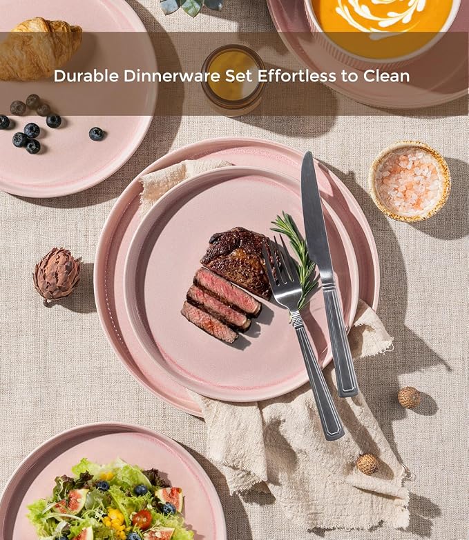 GBHOME Stoneware Dinnerware Sets for 4,12-Piece Plates and Bowls Set | Handmade Reactive Glaze Ceramic Dish Set, Scratch Resistant, Dishwasher&Microwave Safe,Blush Pink