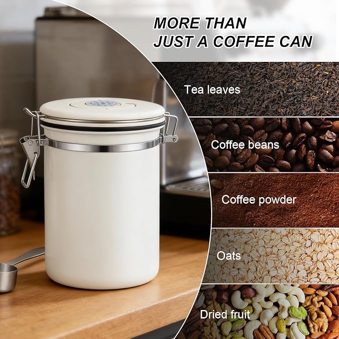 Kirecoo 22OZ Airtight Stainless Steel Coffee Canister with Date Tracker | With Measuring Scoop, Food Grade Safe, For Coffee Beans & Grounds, Multi-Use for Cereal Sugar Tea Flour, Ideal Kitchen Gift