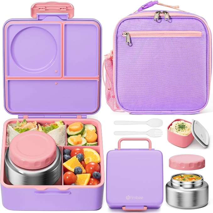 Fimibuke 60oz Kids Bento lunch Box with Insulated Lunch Bag & 8.5oz Thermo | Leakproof 3-4 Compartment Toddler Kids Lunch Box Food Container w/ Utensils, Sauce Cup for School Boys Girls, Dishwasher Safe