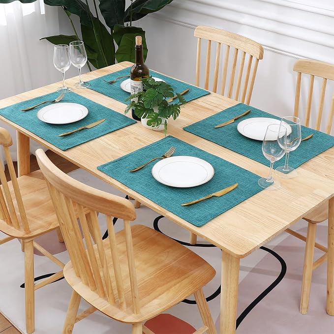 Faux Cotton Linen Placemats Set of 6, Cloth Washable Farmhouse Dining Table Mats for Indoors & Outdoors, Easy to Clean, Teal, 13 x 19 Inch