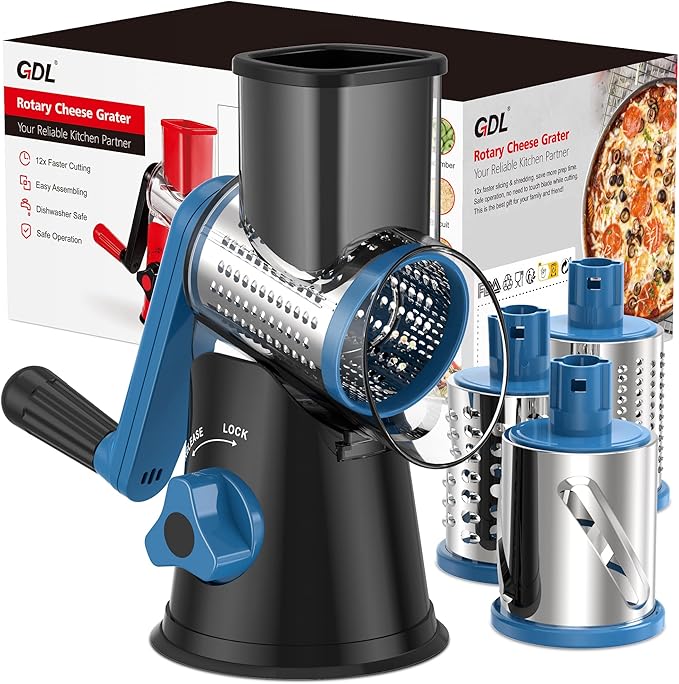 GDL Cheese Grater Hand Crank, Rotary Cheese shredder, Vegetable Slicer | 3 Stainless Steel Blades, 12x Fast Cutting, Non-slip Suction Base, No BPA, Dishwasher Safe, Easy Use for Cheese, Veggies, Nut