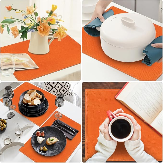 Orange Fall Placemats Set of 6, 12x18 Inch Washable Easy to Clean Heat-Resistant Anti-Skid Indoor Outdoor Table Mats for Holiday Party Kitchen Dining Room Decoration