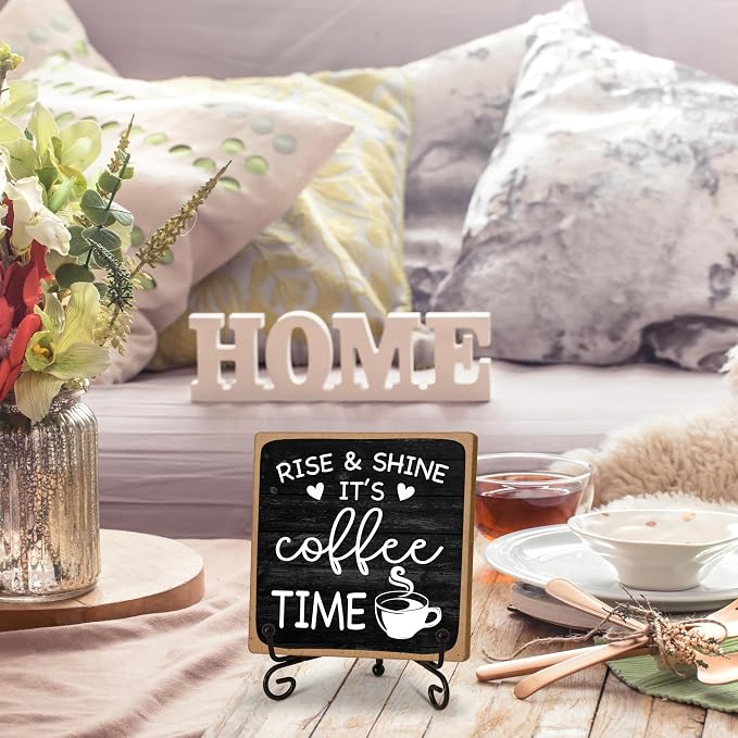 Farmhouse Coffee Bar Sign, Rise & Shine It's Coffee Time | 5"x5" Wood Plaque with Stand Gift for Home Kitchen Tabletop Decor | B09