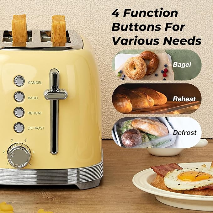 Toaster 2 Slice Retro Stainless Steel, Yellow | 1.5” Extra Wide Slots with Bagel, Defrost, Reheat, Cancel Functions, 6 Bread Shade Settings, Removable Crumb Tray