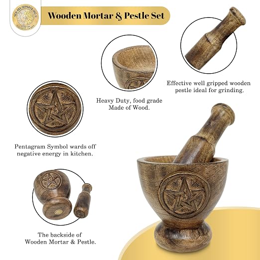 Pentagram Design Wooden Mortar & Pestle Set - Herb Grinder, Pill Crusher, Molcajete 4 inch High by 4" inch Wide top, Base 2.5" inch Dual Side Pentacle Design Handcarved by New Age Imports, Inc.