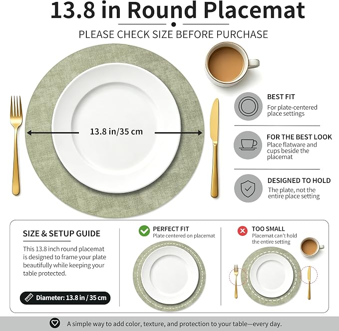 Maxpearl Faux Leather Round Placemats Set of 6, 13.8 inch, Light Green | Waterproof, Heat Resistant, Non Slip, Wipe Clean Dining Table Place Mats, Suitable for Indoor & Outdoor Use, Table Settings