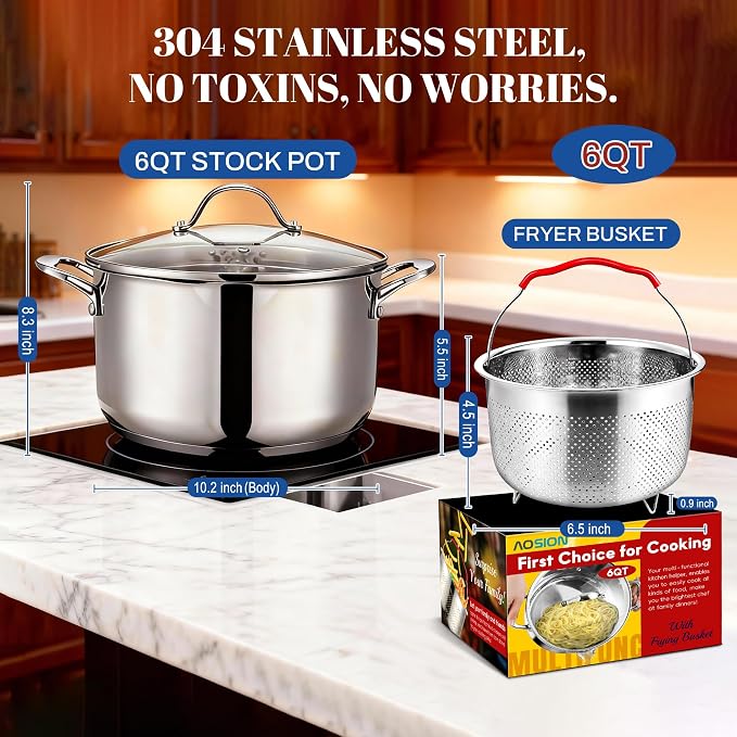 AOSION 6 Quart Stainless Steel Stock Pot with Deep Fryer Basket.