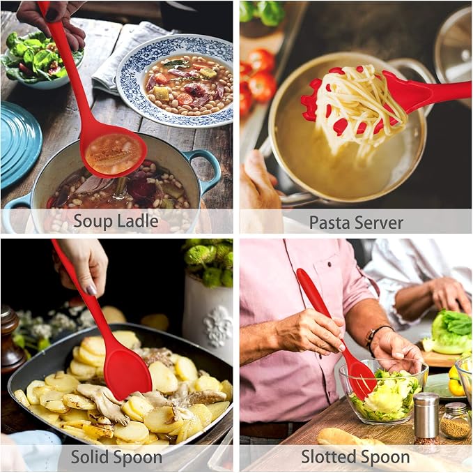 P&P CHEF Red Kitchen Utensils, Silicone Cooking Utensil Set of 7 | Soft Spatula for Nonstick Cookware, Slotted Turner, Soup Ladle, Pasta Server, Spoon for Cooking, Dishwasher Safe & Heat Proof