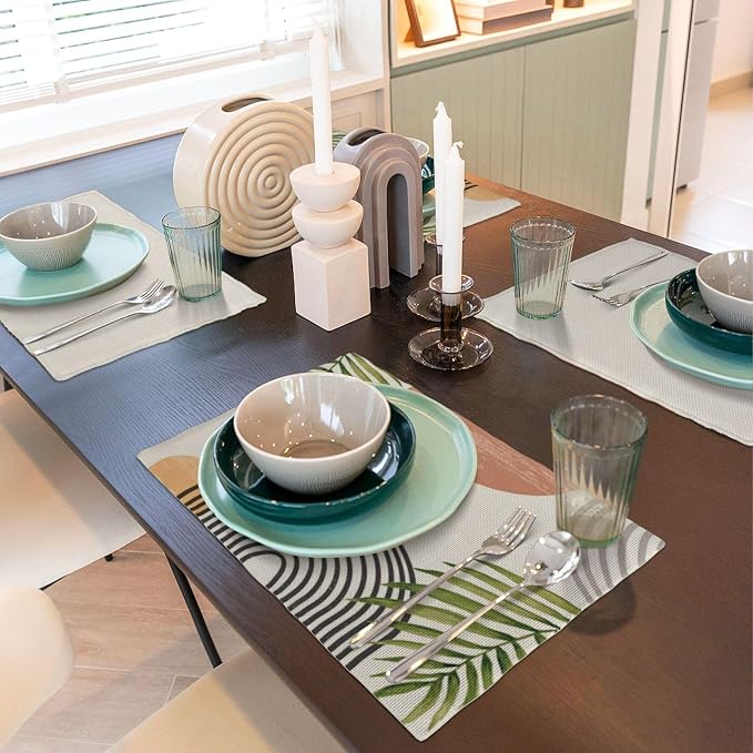 Mid Century Placemats Set of 4, Boho Abstact Sunset Leaf Stripe Decorative Table Mat 12 x 18 Inch Heat Resistant Non Slip Line Fabric Summer Place mat for Holiday Party Kitchen Dining Decor