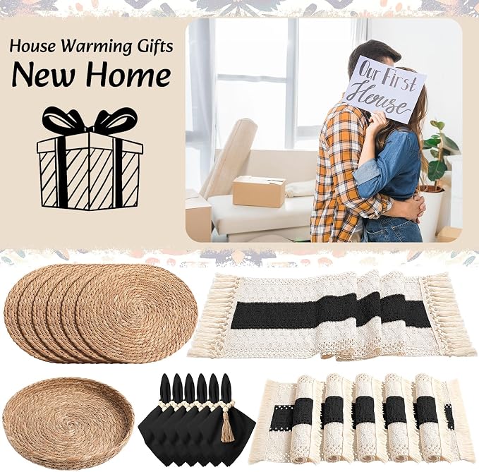 6 Sets Boho Decoration Placemats Round Woven Placemats, Cloth Napkins, Wood Bead Napkin Rings, Long Table Runner and Farmhouse Burlap Cotton for Table Kitchen (Black,12x72)