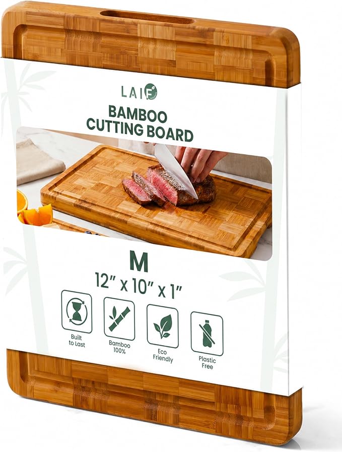 Wood Cutting Boards for Kitchen with Juice Groove, Eco-Friendly Wooden Bamboo Chopping board, Food-Safe, Non Plastic Tabla Para, Carbonized Butcher Block for Meat, Veggies Fruits, Medium