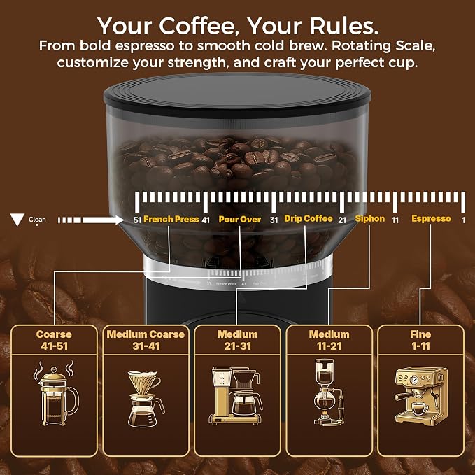 TALIA Coffee Grinder Electric Coffee Bean Grinder with 48mm Titanium Plated Conical Burrs, 51 Grind Settings for Espresso to French Press, Touch Control, Time & Cup Customization, Portafilter Holder