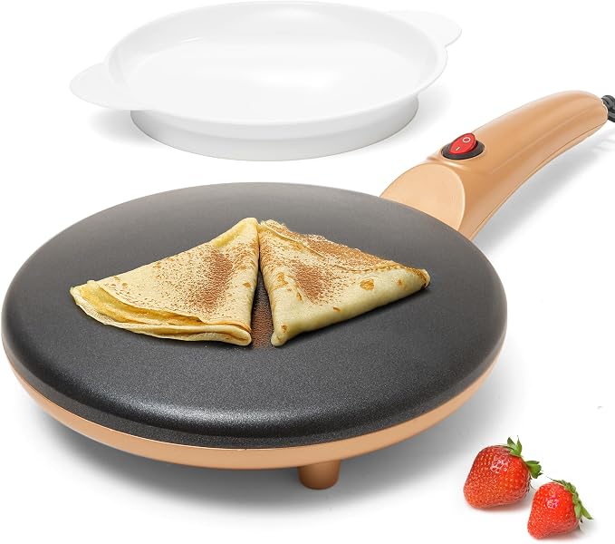 Moss & Stone Gold Electric Crepe Maker, 8" Portable Nonstick Crepe Pan | Nonstick dipping plate, auto shut-off, on/off switch, even heating, automatic temperature control, compact design
