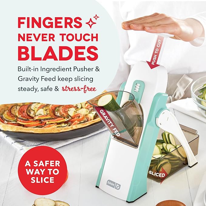Dash Safe Slice Mandoline Slicer, Adjustable 30+ Combos, Aqua | Vegetable, Potato & Onion slicer, 1-8mm Thickness, Julienne, Matchstick & Dice Cuts, Folds Flat, Stainless Steel Blades